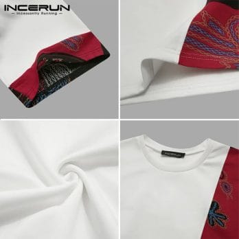 INCERUN Men Casual T Shirt Loose Printed Patchwork Round Neck Half Sleeve Vintage Tees 2023 Streetwear Mens T-shirts Plus Size 6