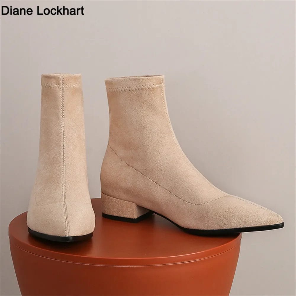 2024 Winter Boats Women Ankle Boots High Quality Pointed Toe Ladies Fashion Low Heels Comfortable Flock Sock Booties Mujer 32-43 1