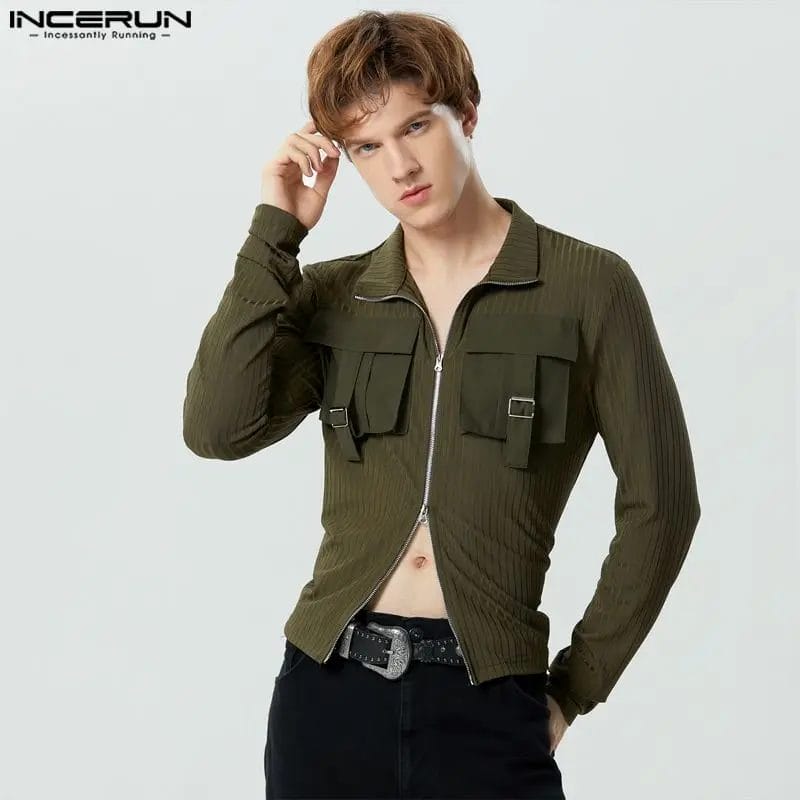 INCERUN Men Shirt Knitted Patchwork Lapel Long Sleeve Zipper Pockets Men Clothing 2023 Streetwear Fashion Casual Camisas S-5XL 1