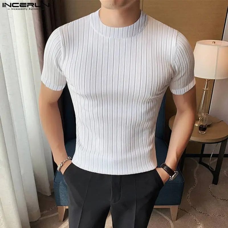INCERUN Men's T Shirt Solid Color Striped O-neck Short Sleeve Streetwear Fitness Casual Tee Tops 2024 Summer Men Clothing S-5XL 1
