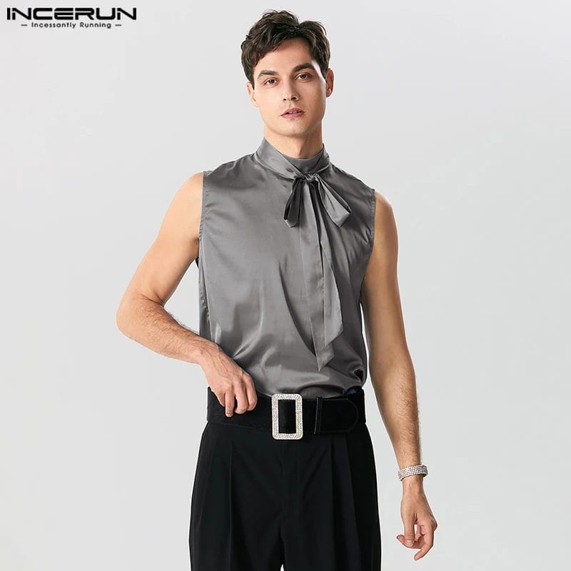INCERUN 2023 Men Tank Tops Satin Solid Color Turtleneck Sleeveless Lace Up Vests Streetwear Fashion Casual Men Clothing S-5XL 1