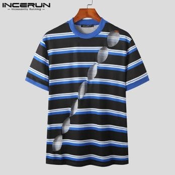 Men T Shirt Striped Hollow Out O-neck Short Sleeve Sexy Color-block Casual Men Clothing Summer 2023 Streetwear Camisetas INCERUN 2