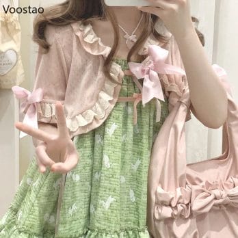 Japanese Kawaii Lolita Cardigan Crop Tops Girls Cute Bow Soft Ruffles Hollow Out Outerwear Women Sweet Chic Knitted Short Coats 5