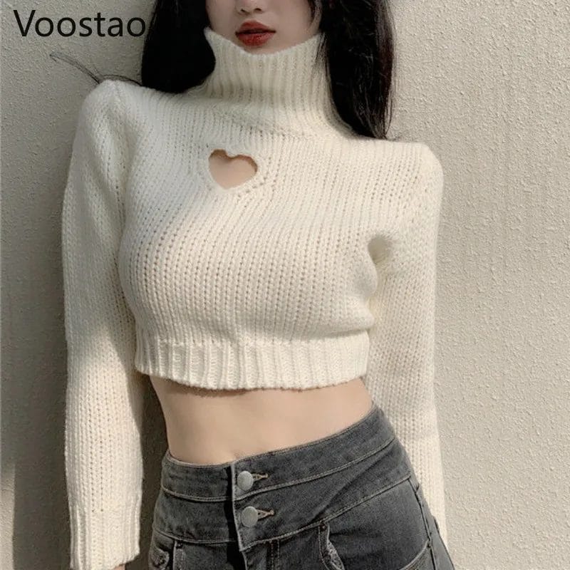 Fashion Turtleneck Crop Sweaters Women Autumn Winter Chic Heart-shaped Hollow Out Pullover Girl Sexy Long Sleeve Short Knitwear 1