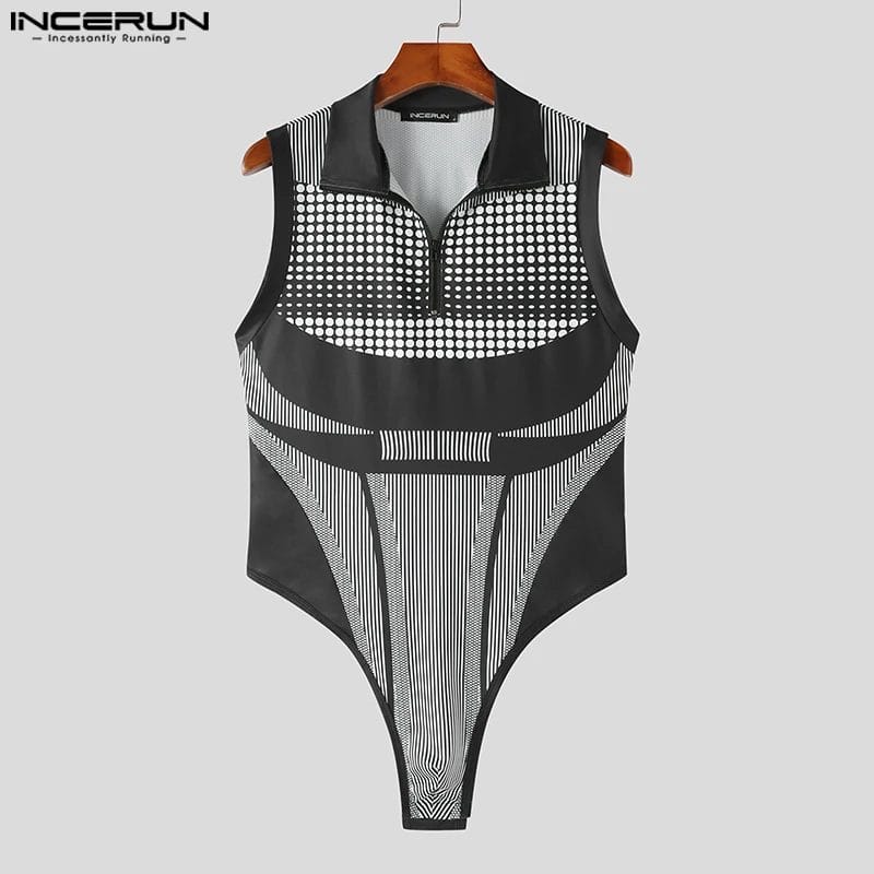 INCERUN Men Bodysuits Printing Turtleneck Sleeveless Zipper Sexy Rompers Tank Tops Fitness Streetwear 2023 Causal Bodysuit 5XL 7 1