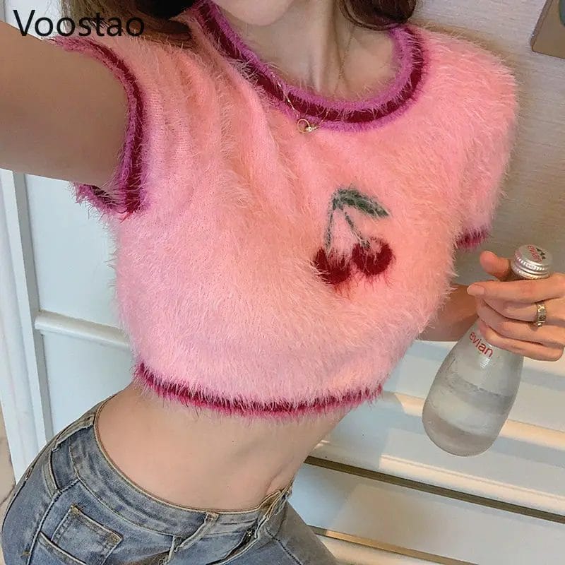Fashion Plush Cherry Pattern T-Shirts Pink Knitted Short Sleeve Pullover Tops Girls Sweet Cute O-Neck Y2K Crop Tops Ladies Tees 1