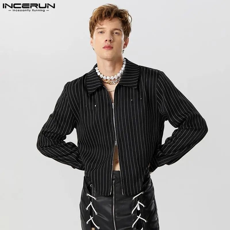 INCERUN 2023 Men Irregular Shirt Striped Lapel Long Sleeve Zipper Casual Male Crop Tops Autumn Streetwear Fashion Camisas S-5XL 1