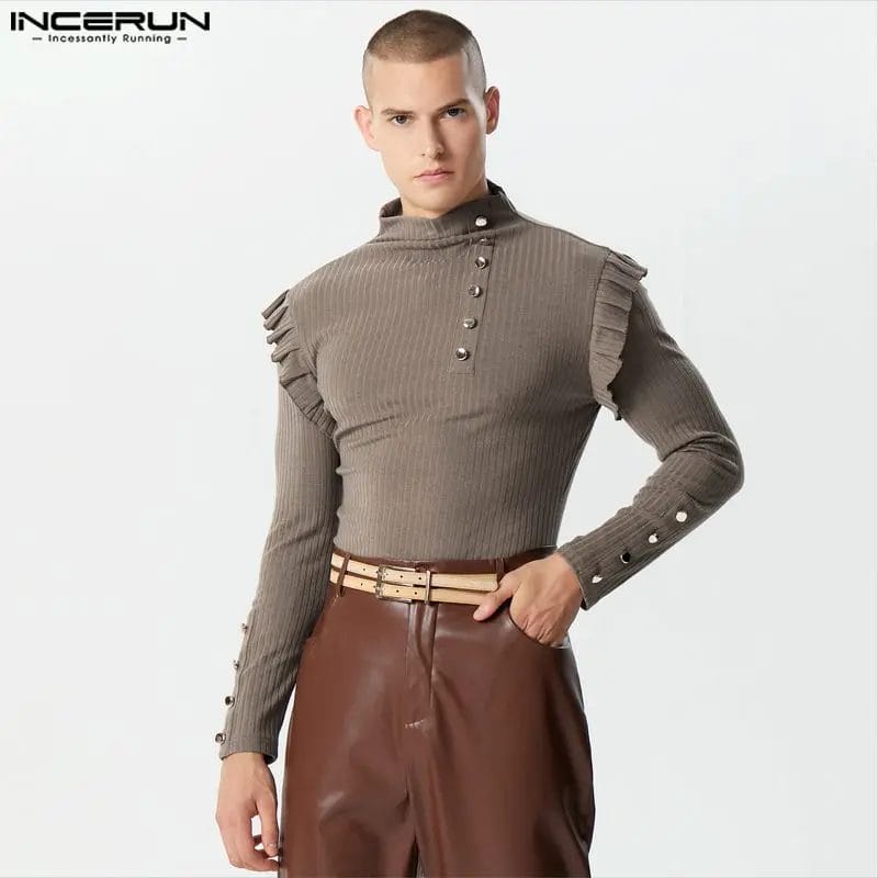 INCERUN Men Pullovers Knitted Ruffle Turtleneck Long Sleeve Sweaters Streetwear Fitness 2023 Solid Fashion Casual Men Clothing 1