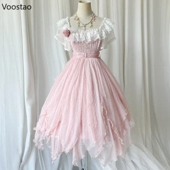 Japanese Kawaii Lolita Princess OP Dress Women Elegant Sweet Rose Lace Pearl Chain Pink Party Dresses Victorian Girl Fairy Dress 5