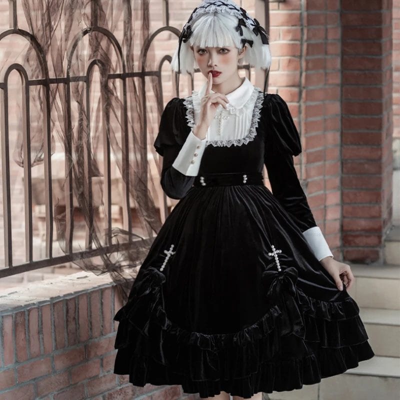 Victorian Gothic Lolita OP Dress Vintage Girls Dark Y2k Pearl Cross Princess Halloween Party Velvet Dresses Women Sweet Dress 1