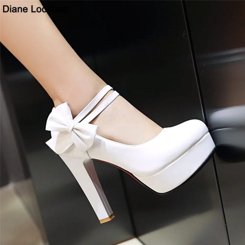 Spring High Heels Women Platform Pumps Ankle strap Shallow Mouth Single Shoes Bow Ladies High Heels White Wedding Women Shoes 1