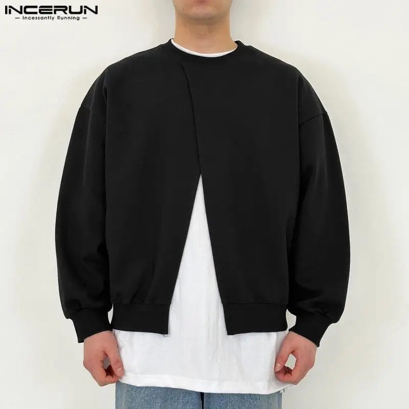 2023 Men Hoodies Solid Color O-neck Long Sleeve Split Korean Casual Sweatshirts Loose Streetwear Male Pullovers S-5XL INCERUN 1