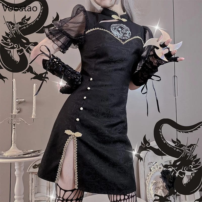 Gothic Aesthetic Y2k Mini Dresses Vintage Women Black Chinese Dragon Embroidery Bodycon Dress Sexy Punk Evening Wear Cheongsam 1