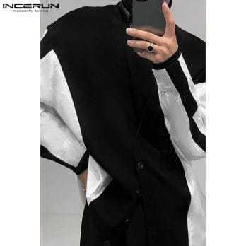 2023 Men Shirt Patchwork V Neck Long Sleeve Button Loose Streetwear Casual Cardigan Autumn Stylish Men Clothing S-3XL INCERUN 2