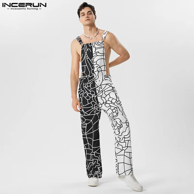 2023 Men Jumpsuits Print Patchwork Sleeveless Streetwear Summer Suspenders Rompers Fashion Male Straps Overalls S-5XL INCERUN 1