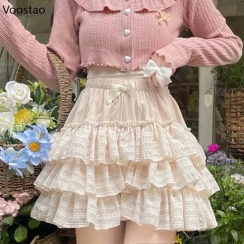 Japanese Kawaii Lolita Mini Skirt Women Summer Cute High Waist Bow Ruffles Tiered Skirts Girly Korean Fashion Princess Skirts 2