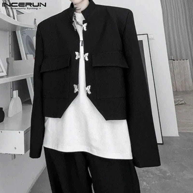 Men Irregular Blazer Button Stand Collar Long Sleeve Streetwear Male Casual Suits 2023 Solid Fashion Crop Coats S-5XL INCERUN 1