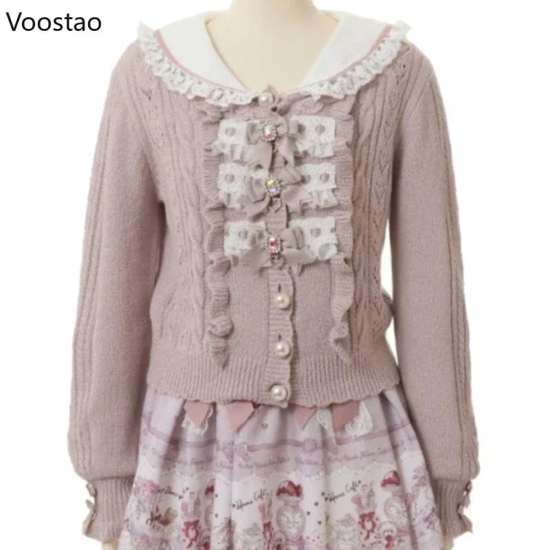 Vintage Sweet Lolita Style Knitted Cardigan Women Japanese O-Neck Lace Pearl Bow Ruffles JK Sweater Girls Harajuku Knitwear Tops 1