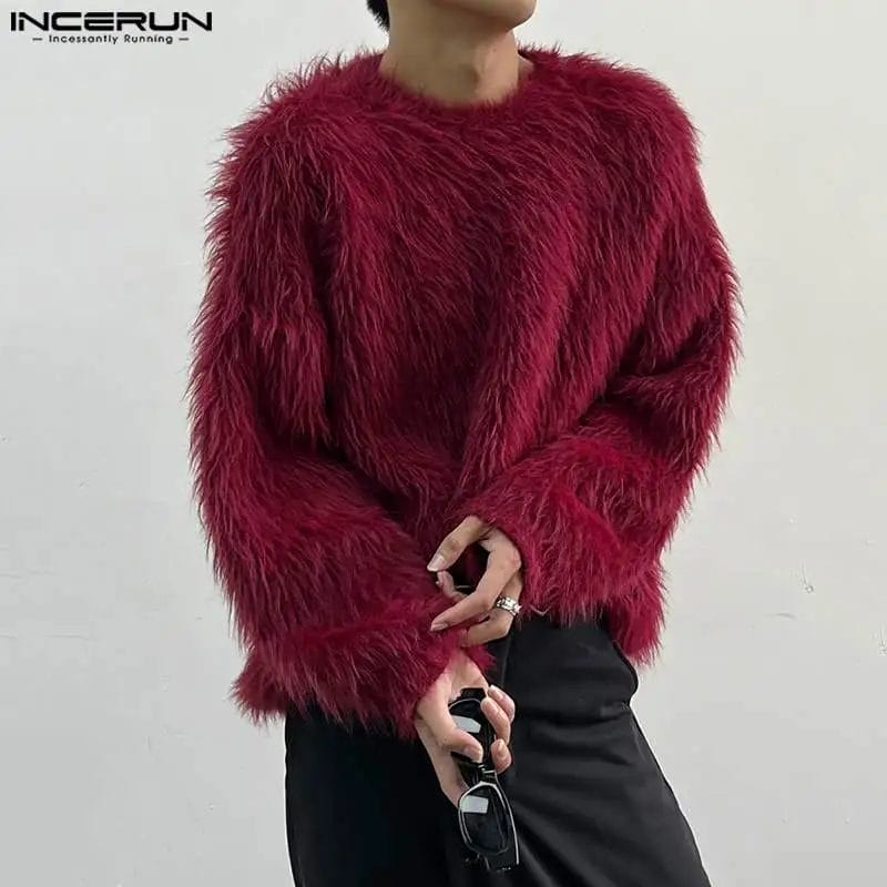 2023 Men Pullovers Solid Color Plush O-neck Long Sleeve Streetwear Casual Men Clothing Autumn Stylish Sweaters S-5XL INCERUN 1