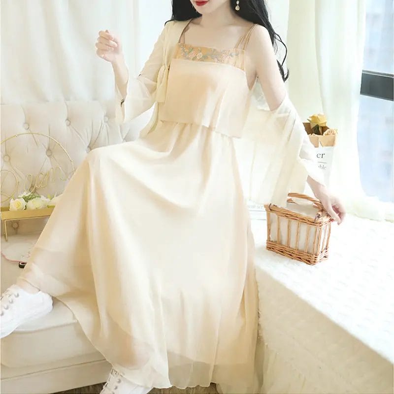 2022 Summer Women Chinese Style Hanfu 2 Piece Set Daily Floral Embroidery Chiffon Straps Dress and Cardigan Shirt Fairy Costumes 1