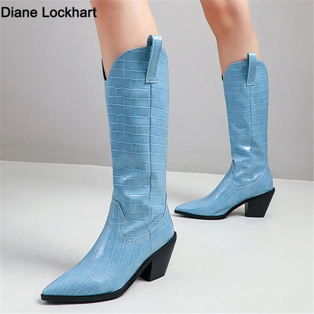 Women Knee High Boots Sexy Pointed Toe Western Cowboy Booties 2023 Winter Brand PU Leather Ladies Mid-calf Chunky Wedge Boats 1