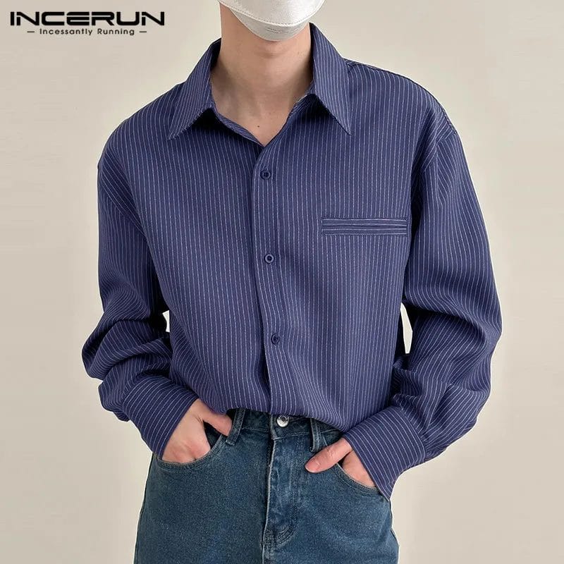 2024 Men Striped Shirt Lapel Long Sleeve Button Streetwear Men Clothing Loose Korean Style Fashion Casual Shirts S-5XL INCERUN 1