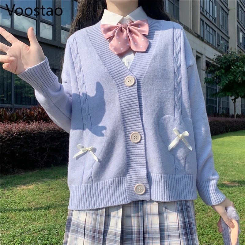 Japanese Sweet Preppy Style JK Loose V-Neck Cardigan Women Cute Bow Knitted Sweaters Coat Girls Harajuku Outwear Sueter Mujer 1