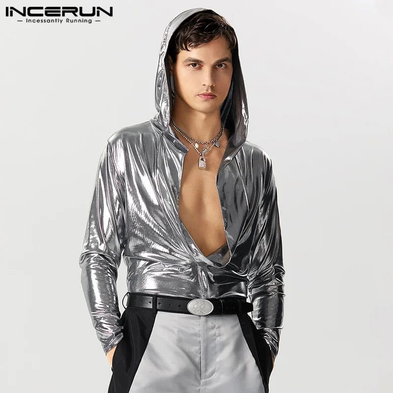 Men Bodysuits Solid T Shirts Hooded V Neck Long Sleeve Sparkling Rompers Streetwear 2023 Party Fashion Bodysuit S-5XL INCERUN 1