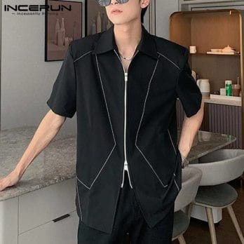 Men Shirt Printing Lapel Short Sleeve Zipper Streetwear Korean Casual Men Clothing Summer 2023 Summer Male Shirts INCERUN S-5XL 3