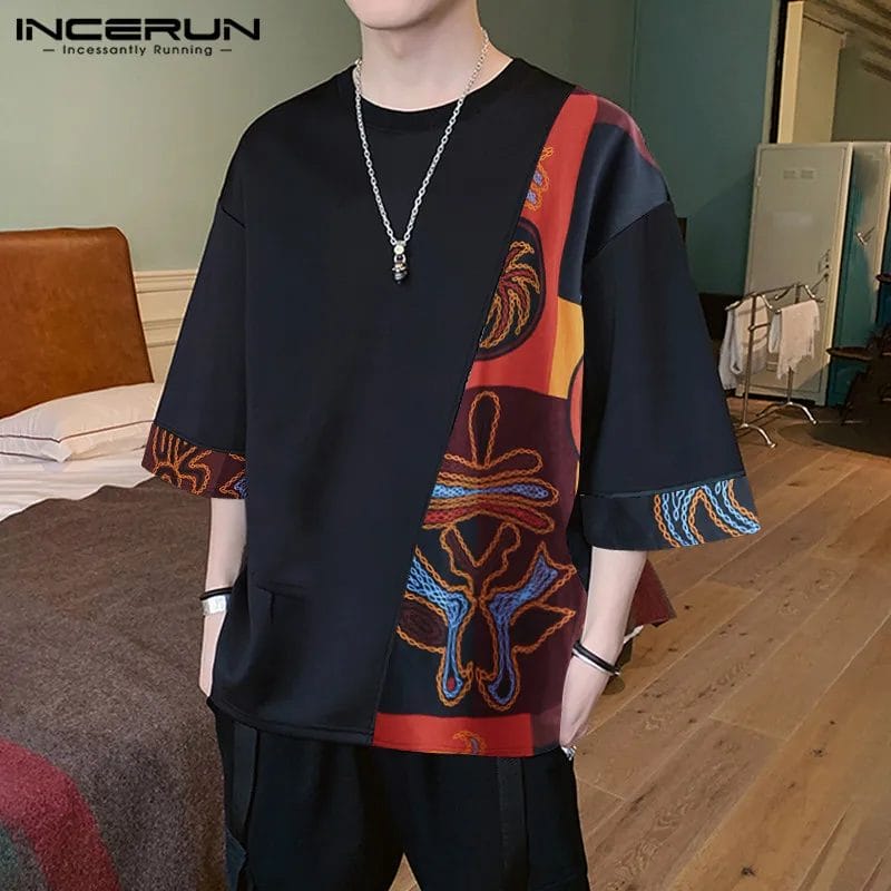 INCERUN Men Casual T Shirt Loose Printed Patchwork Round Neck Half Sleeve Vintage Tees 2023 Streetwear Mens T-shirts Plus Size 1