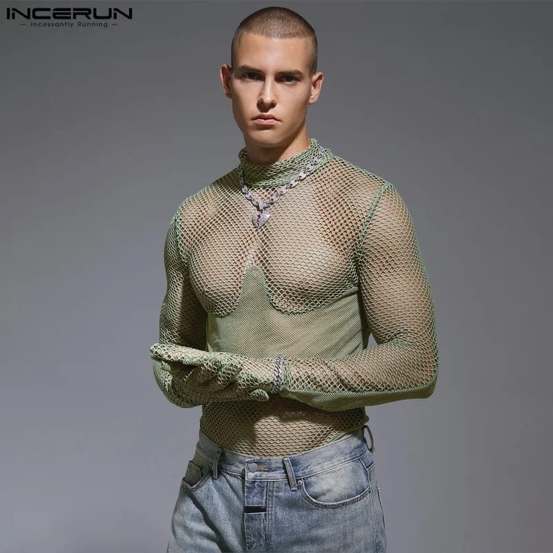 INCERUN 2023 Men's Bodysuits Mesh Patchwork Transparent Turtleneck Long Sleeve Male Rompers Sexy Skinny Fashion Bodysuit S-3XL 1