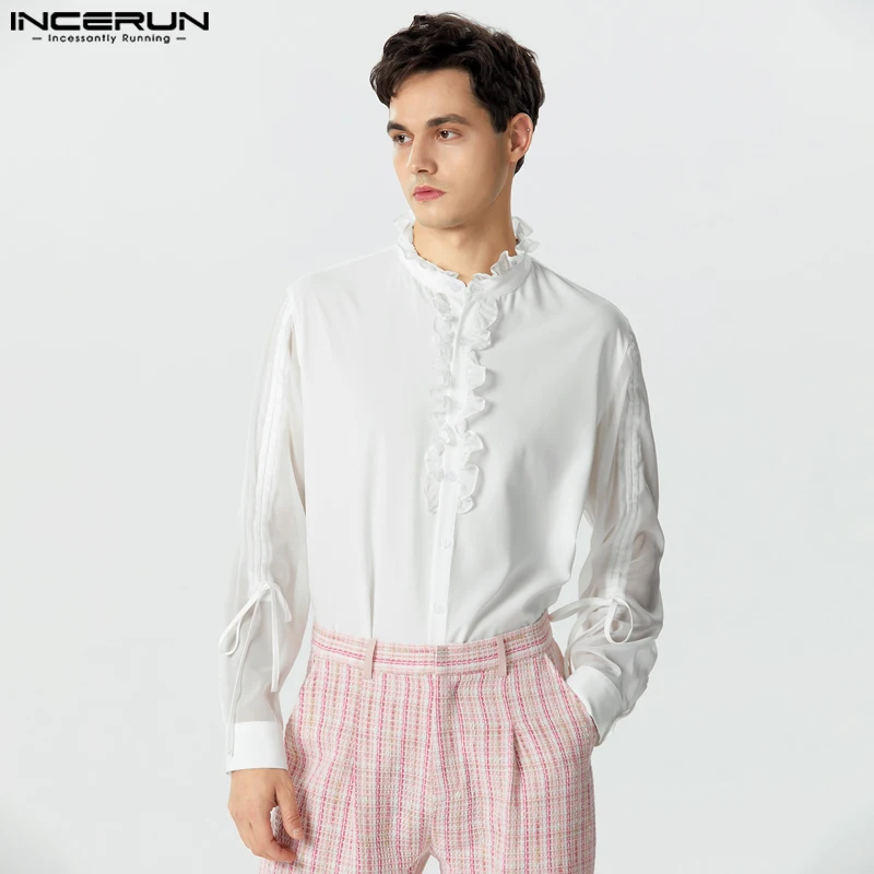 Men Shirt Mesh Patchwork Transparent Ruffle Lace Up Unisex Shirts Stand Collar Long Sleeve 2023 Streetwear Men Clothing INCERUN 1