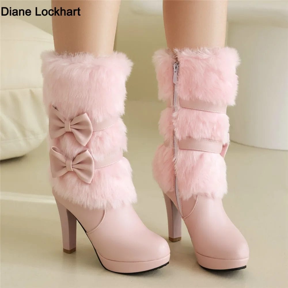 2024 Fashion Winter Womens High Heel Boots Pink White Black Fur Tassel Bowtie Lovely Lolita Ladies Zip Party Wedding Shoes 33-43 1