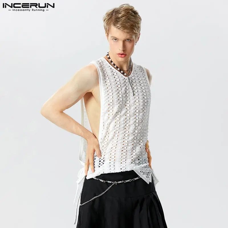 Men Tank Tops Mesh Hollow Out Transparent V Neck Sleeveless Summer Vests Sexy Lace Up 2023 Streetwear Men Clothing S-5XL INCERUN 1