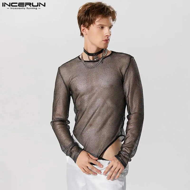 INCERUN 2023 Men Bodysuits Mesh Transparent O-neck Long Sleeve Bodysuit Sexy T Shirts Men Solid Streetwear Fashion Rompers S-5XL 1