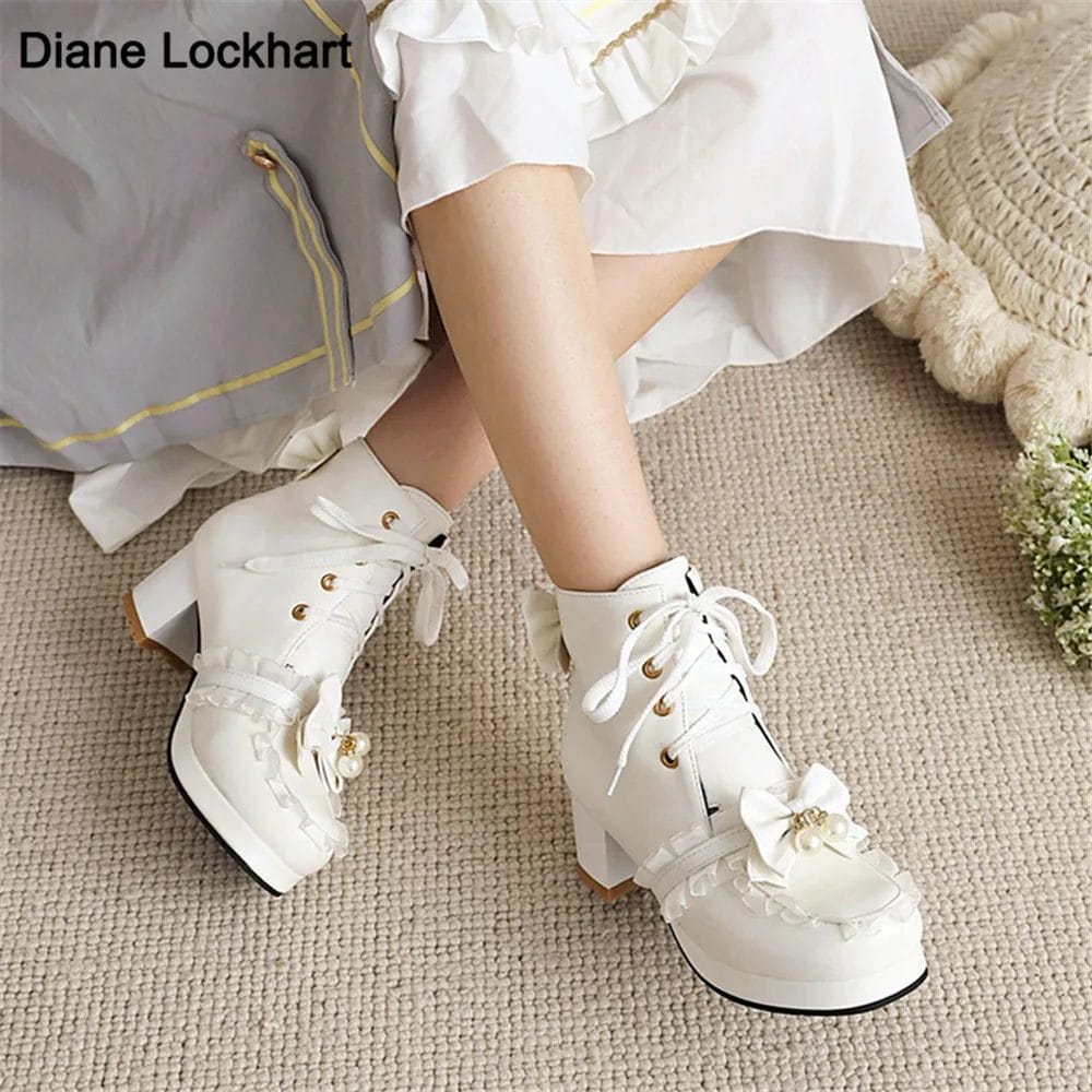 2021 Autumn Winter Fashion Princess Lolita Wedding Party Shoes Cross Tied Bow Lace Design White Pink Ankle Boots Female 31-43 1