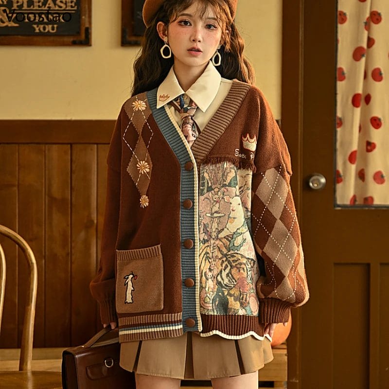 Kawaii Cartoon Embroidery Cardigan Women Vintage Jk Uniform Sweater Coat Autumn Girls Loose Y2k Knitted Tops Sueters De Mujer 1