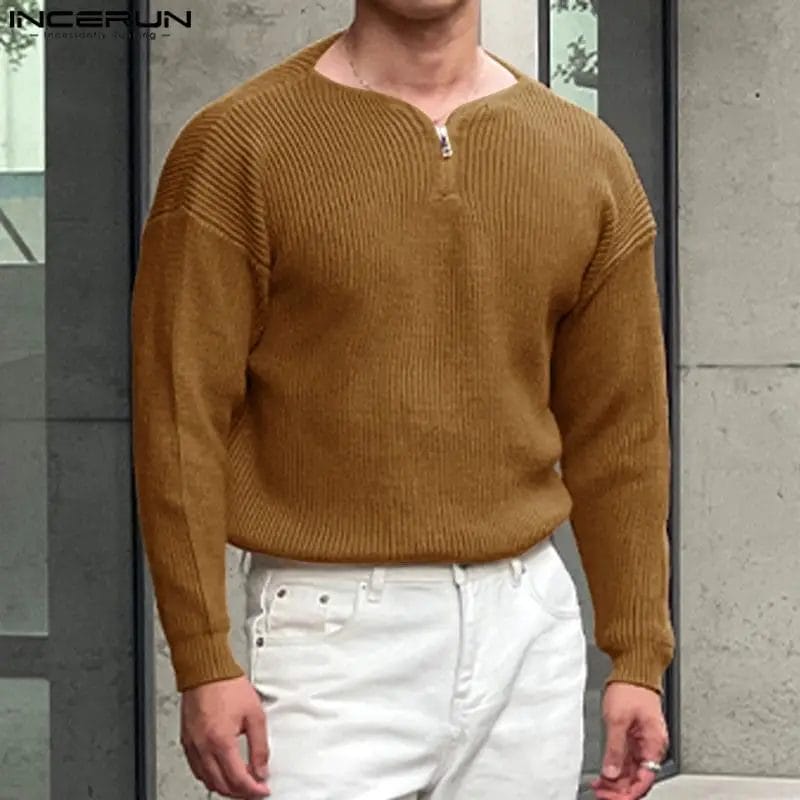 Men's Sweaters Solid Color Zipper V Neck Long Sleeve Male Pullovers Zipper Streetwear 2024 Knitted Casual Men Clothing INCERUN 1