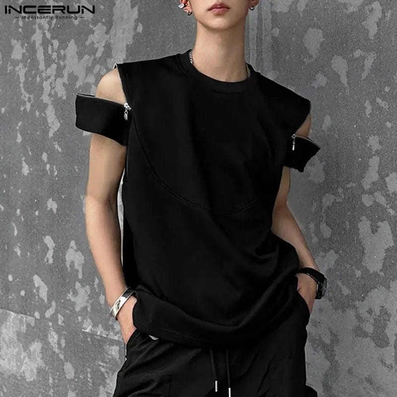 2024 Men T Shirt Solid Color Zipper O-neck Short Sleeve Streetwear Men Clothing Summer Korean Casual Male Tee Tops S-5XL INCERUN 1
