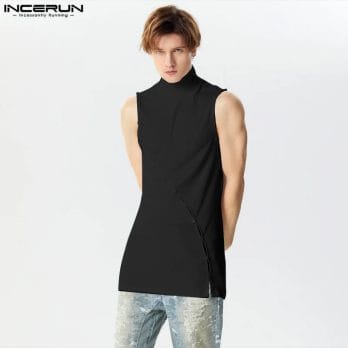 Men Tank Tops Solid Color Turtleneck Sleeveless Casual Long Style Vests Hollow Out Streetwear 2024 Fashion Men Clothing INCERUN 3