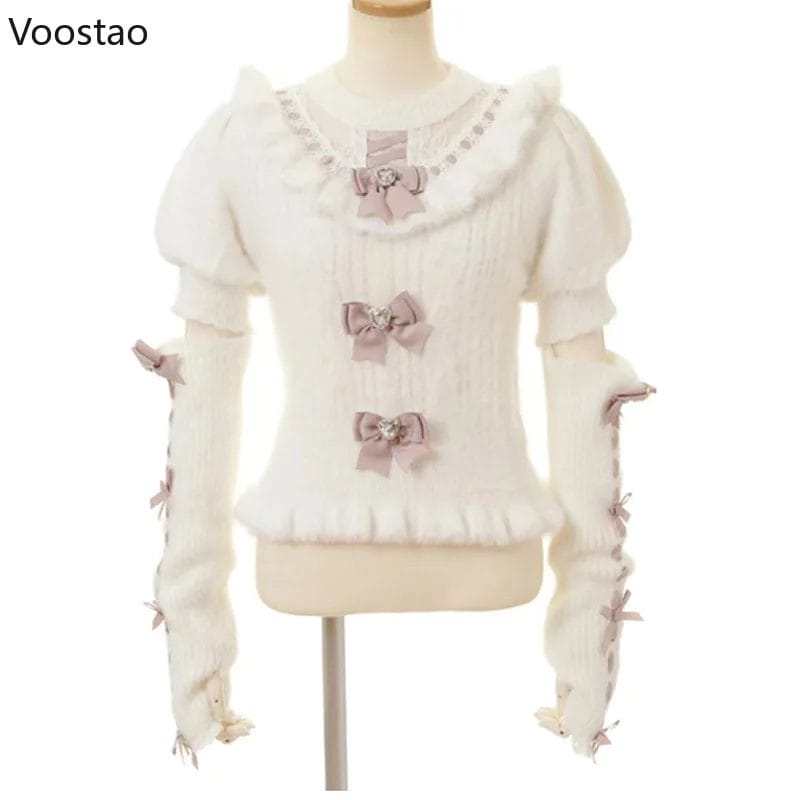 Sweet Lolita Style Knitted Pullover Autumn Japanese Girls Cute Bow Ruffles Knitwear With Plush Oversleeve Women Harajuku Sweater 1