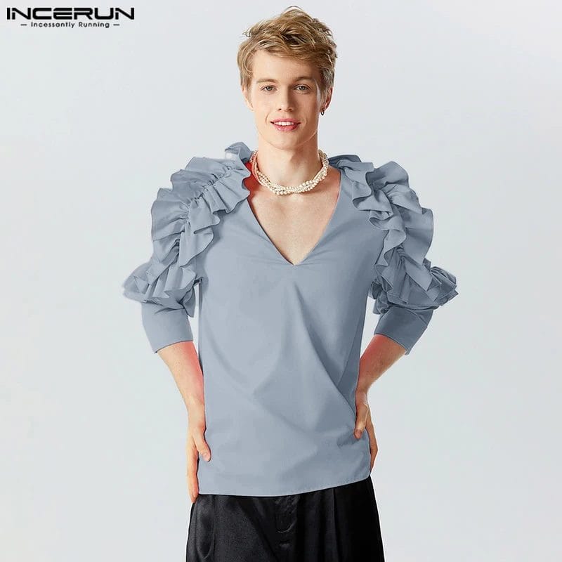 2023 Men T Shirt Solid Color Ruffle V Neck 3/4 Sleeve Personality Men Clothing Party Streetwear Fashion Camisetas S-5XL INCERUN 1