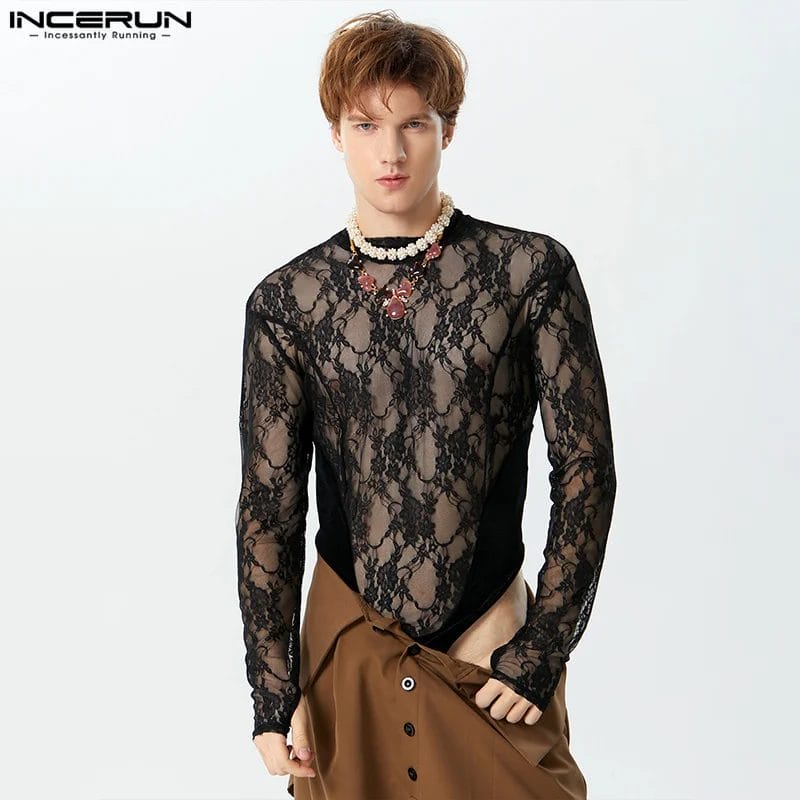 2024 Men's Bodysuits Lace Velour Patchwork O-neck Long Sleeve Streetwear Male Bodysuit Transparent Sexy Fashion Rompers INCERUN 1