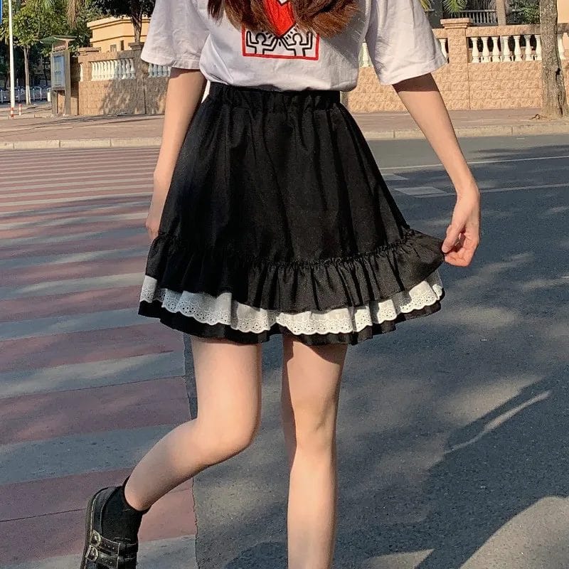 Japanese Gothic Lolita Style Mini Skirts Women Sweet Lace Ruffles Bubble Skirt Korean Girls Sexy Harajuku High Waist Punk Skirts 1