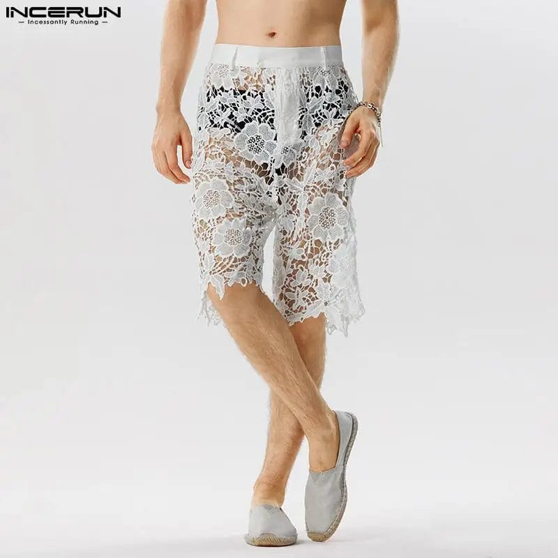 INCERUN Men Shorts Lace Transparent Sexy Solid Color Zipper Men Bottoms Summer Streetwear 2023 Unisex Fashion Party Shorts S-5XL 1