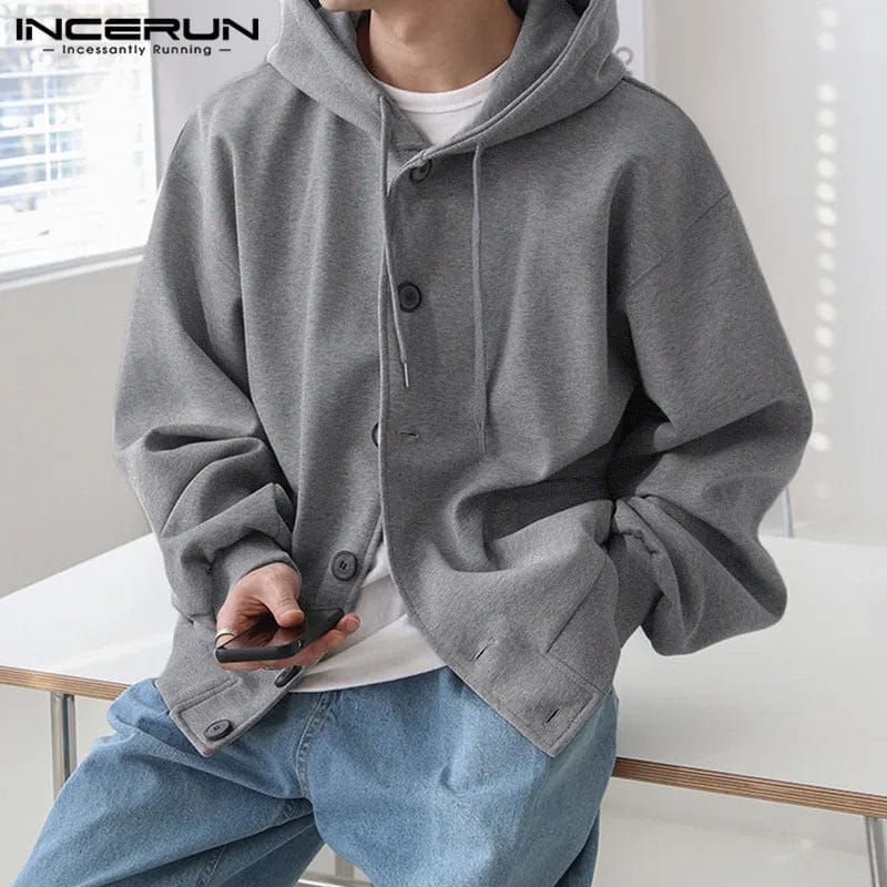 2023 Men Hoodies Solid Color Hooded Long Sleeve Pockets Button Sweatshirts Men Streetwear Korean Casual Outerwear S-5XL INCERUN 1