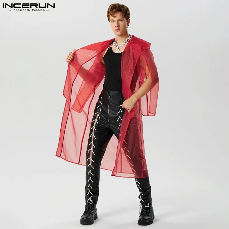 2023 Men Trench Solid Color Lapel Long Sleeve Mesh Streetwear Long Style Coats Transparent Split Casual Male Jackets INCERUN 1