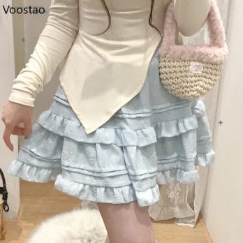 Harajuku Sweet Lolita Style Mini Skirt Summer Girly Sweet Rose Print Ruffles Princess Tiered Skirts Japanese Women Cute Skirt 2