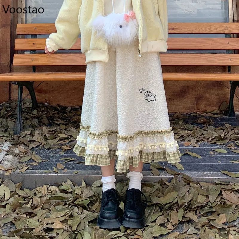 Autumn Winter Vintage Skirt Women Casual Dog Embroidery Plaid Ruffles Patchwork Plush Ball Elegant Midi Skirt Female Y2k Skirts 1