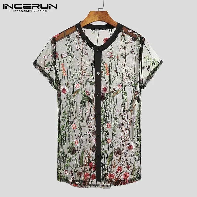 2023 Fashion Men Mesh Shirts Embroidered Short Sleeve Sexy See Through Tops Button Breathable Party Nightclub Shirts INCERUN 5XL 1